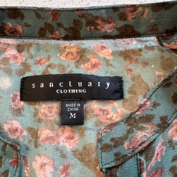 Sanctuary Green Floral Blouse with Ruffled Neck, Size Medium - Picture 3 of 6